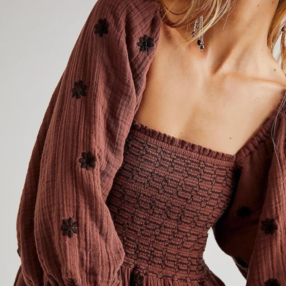 Fall Floral Embroidered Boho Maxi Dress – Long Puff Sleeve - Picture 3 of 3